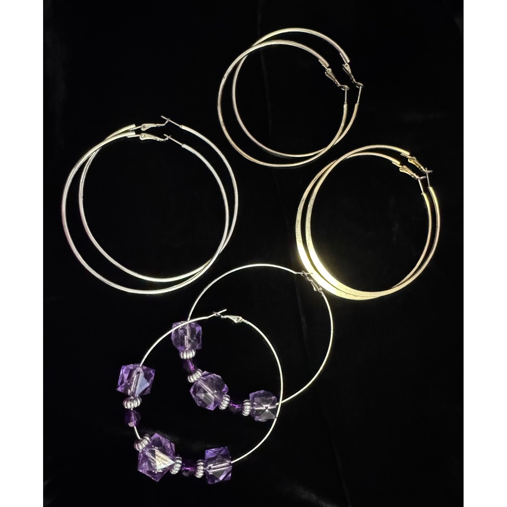 Large Gold & Silver Tone Hoop Earrings 3" Round Oversized Minimalist Latch Back